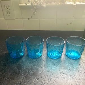 Set of 4 turquoise blue Seneca Driftwood Crinkle glass tumblers/lowball glasses